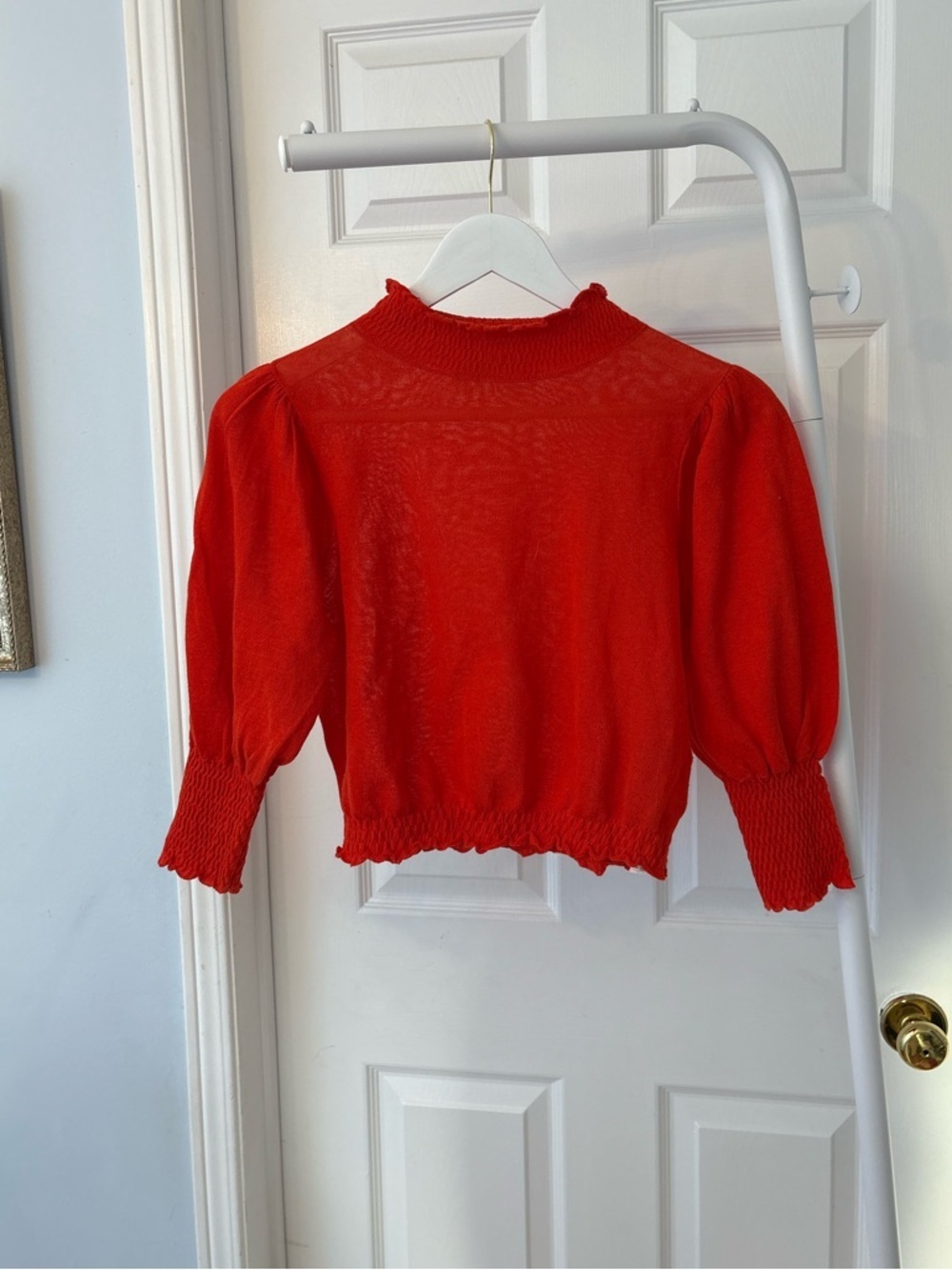 Zara Red Puff Sleeve Mockneck 3 Quarter Inch Sleeves Cropped Top Size Small - Picture 5 of 7